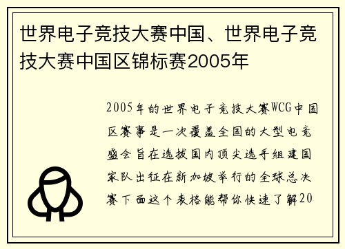 世界电子竞技大赛中国、世界电子竞技大赛中国区锦标赛2005年